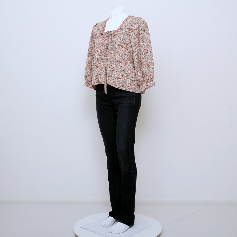 Kanji Floral Square Neck‎ Cottagecore Eyelet Ruffle Puff Sleeve Top Pink Green M